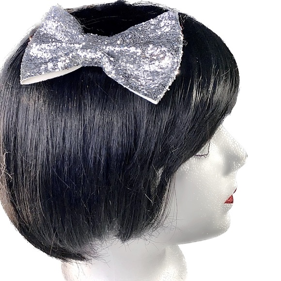 Silver Glitter Sparkly Bow Tie Hair Bow - Picture 3 of 5